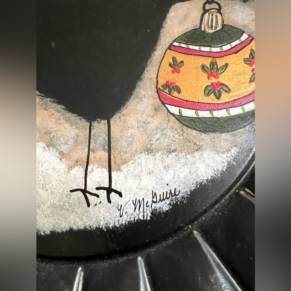 Handpainted Tarte Tin Crow Santa Hat Christmas Artist Signed - Picture 3 of 5